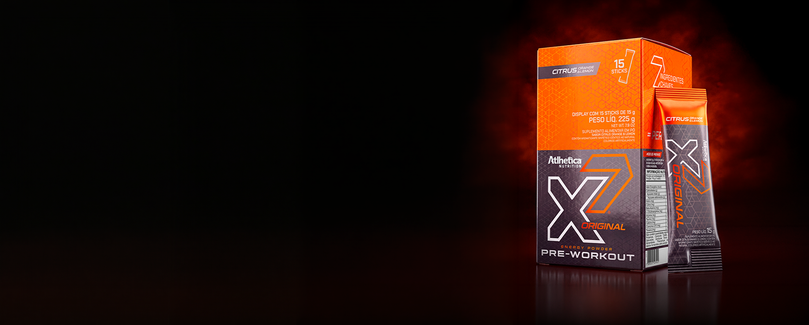 X7 Original Pre-Workout em display com 15 sticks de 15 g