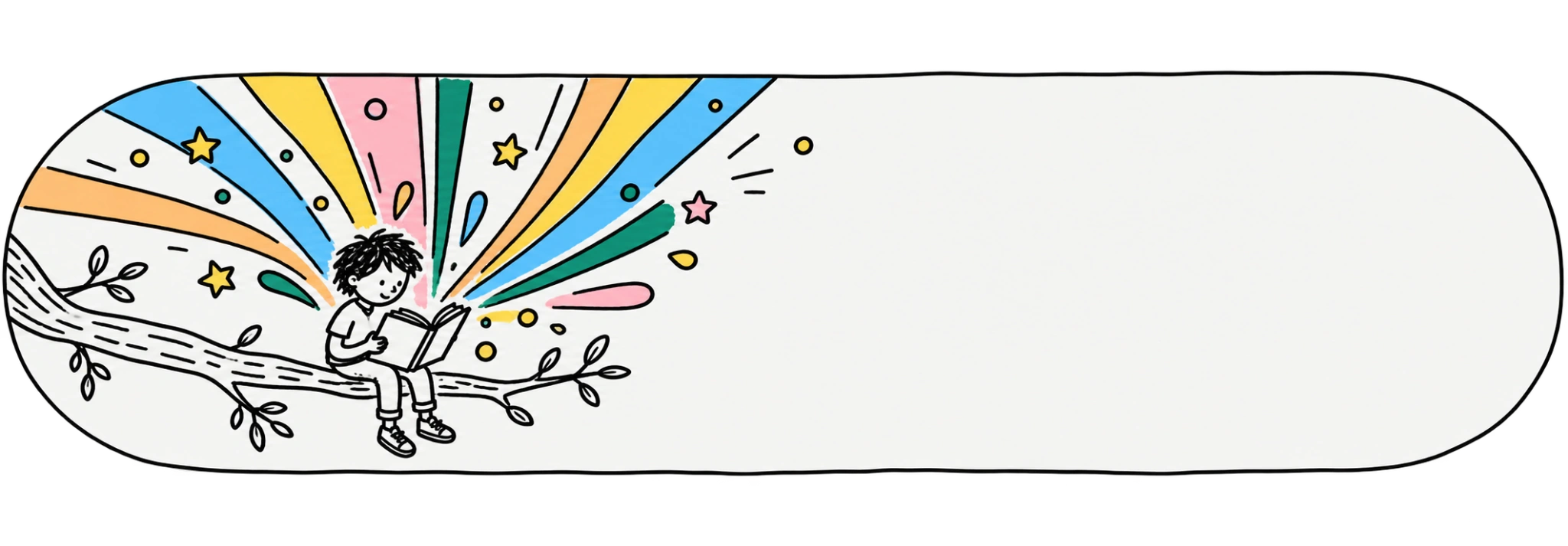 Ilustração de uma criança lendo, cercada por cores e estrelas