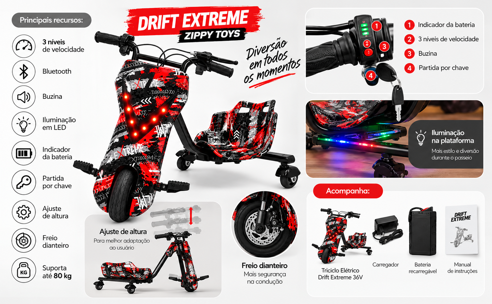 Características e recursos do Triciclo Elétrico Drift Extreme Zippy Toys