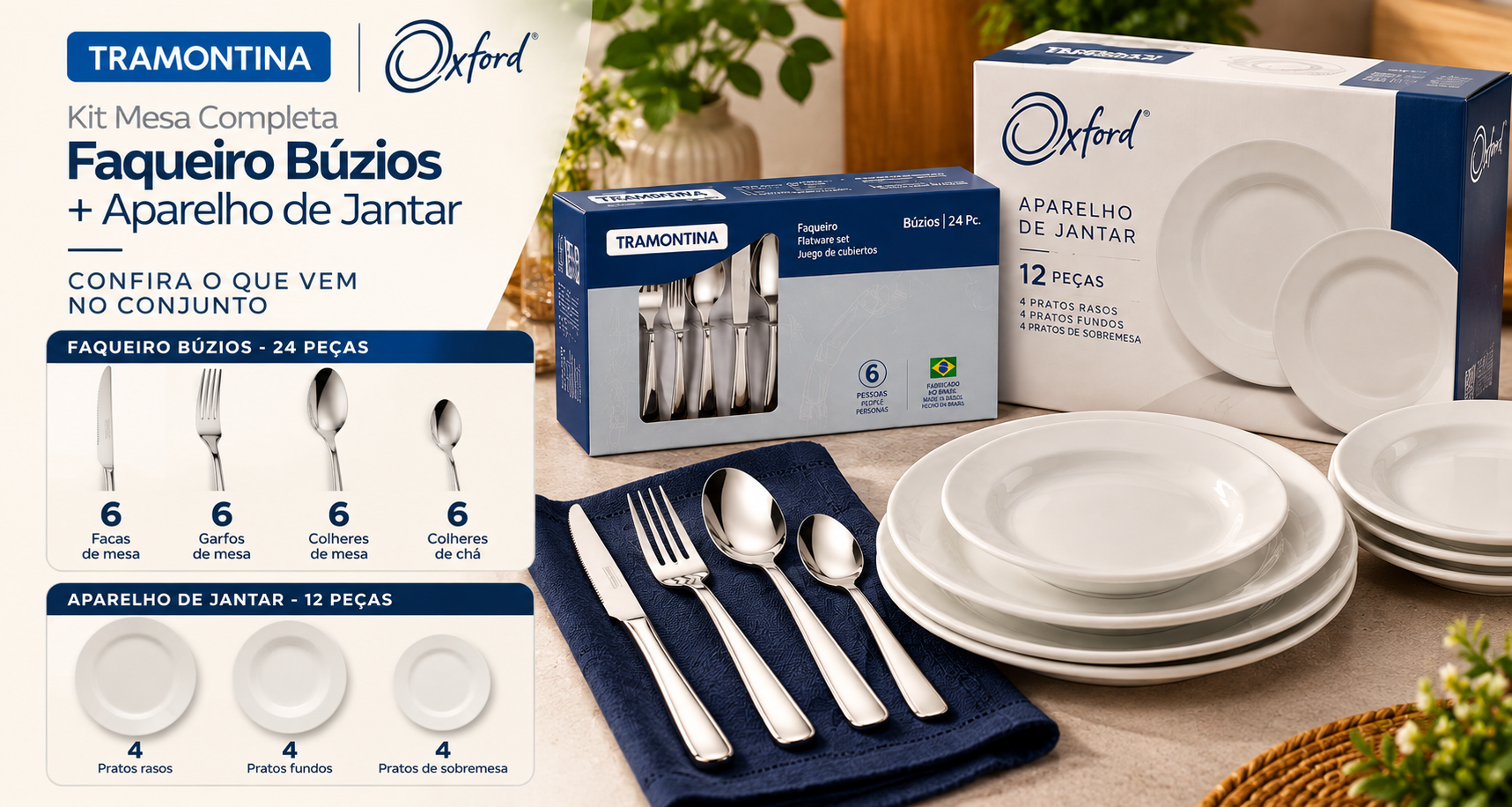 Detalhes do aparelho de jantar Oxford e do faqueiro Tramontina Búzios