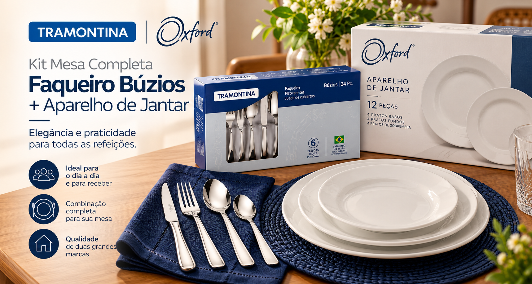 Kit completo de aparelho de jantar Oxford branco e faqueiro Tramontina Búzios