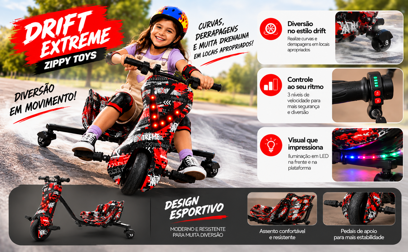 Detalhes do Triciclo Elétrico Drift Extreme 36V Zippy Toys